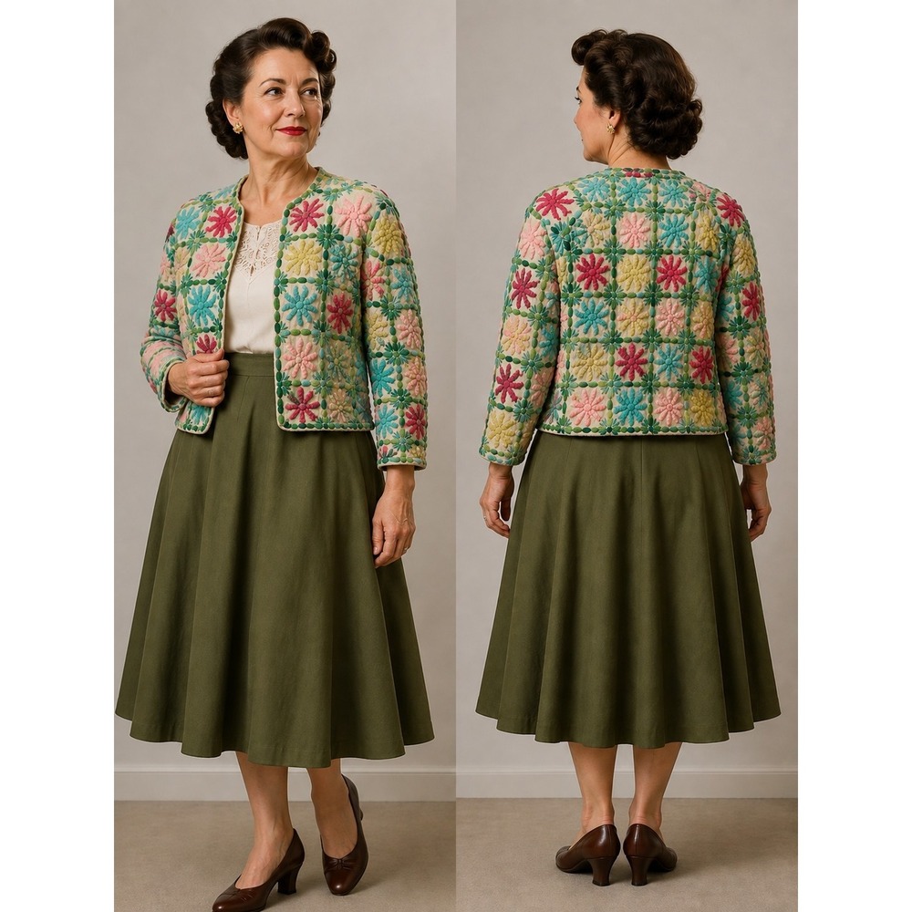 Vtg 1960"s Cardigan Embroidered Floral Cottage Core Granny Core Padtels Sz L